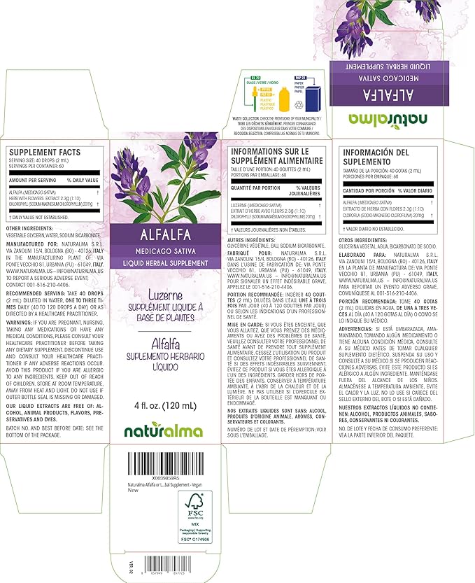Naturalma Alfalfa or Lucerne (Medicago Sativa) herb with Flowers Alcohol-Free Tincture - Rich in Natural Chlorophyll - 4 fl oz Liquid Extract in Drops - Herbal Supplement - Vegan