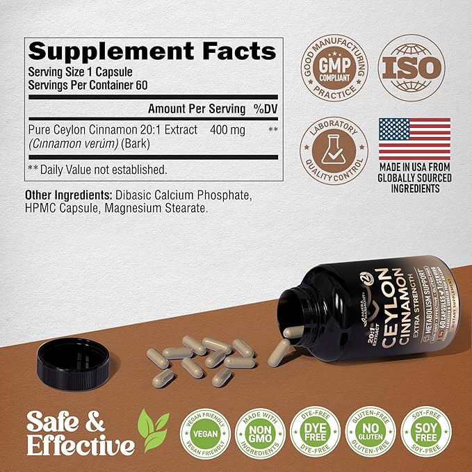 Ceylon Cinnamon Capsules - Extra Strength - Energy, Heart & Metabolism Support - for Men & Women - Pure Natural Extract 20:1 Supplement - Made in USA - GMO & Gluten Free, 60 Capsules, 2 Month Supply