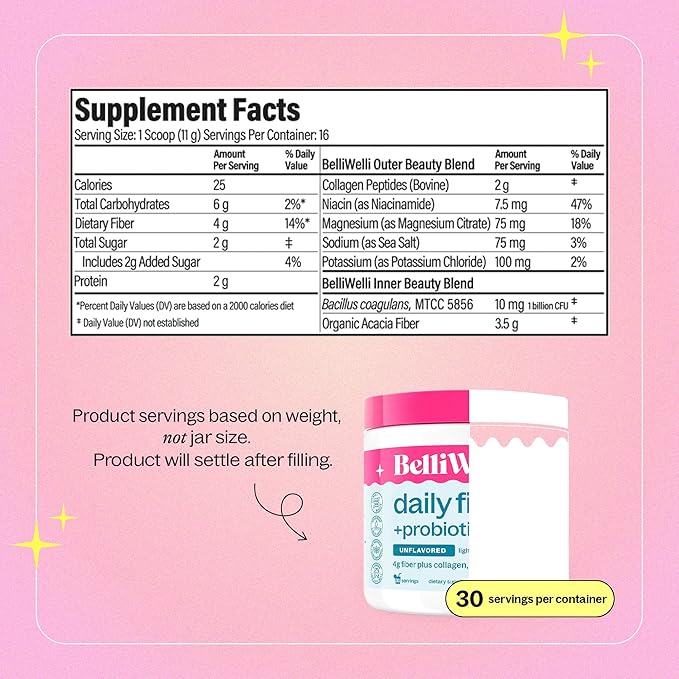 Unflavored Daily Fiber Supplement Powder with Collagen, Probiotics & Electrolytes | Supports Digestive Health, Gut Balance & Debloating, Sugar Free | 30 Servings