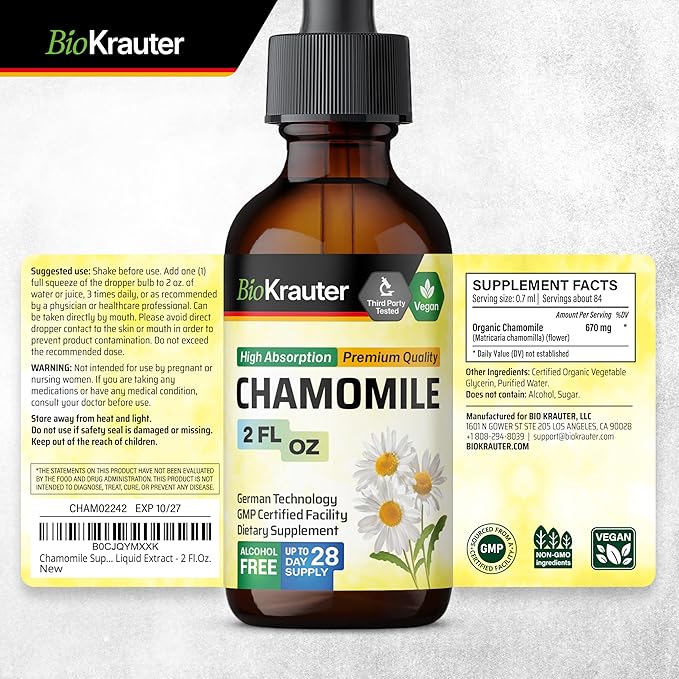 BIO KRAUTER Chamomile Flowers Tincture - Chamomile Extract - Contains Apigenin - Supplement for Relaxation and Calmness Support - Alcohol and Sugar Free - Vegan Drops 2 Fl.Oz.