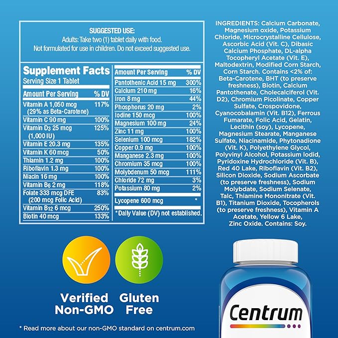 Centrum Multivitamin for Men, Multivitamin/Multimineral Supplement with Vitamin D3, B Vitamins and Antioxidants, Gluten Free, Non-GMO Ingredients - 200 Count