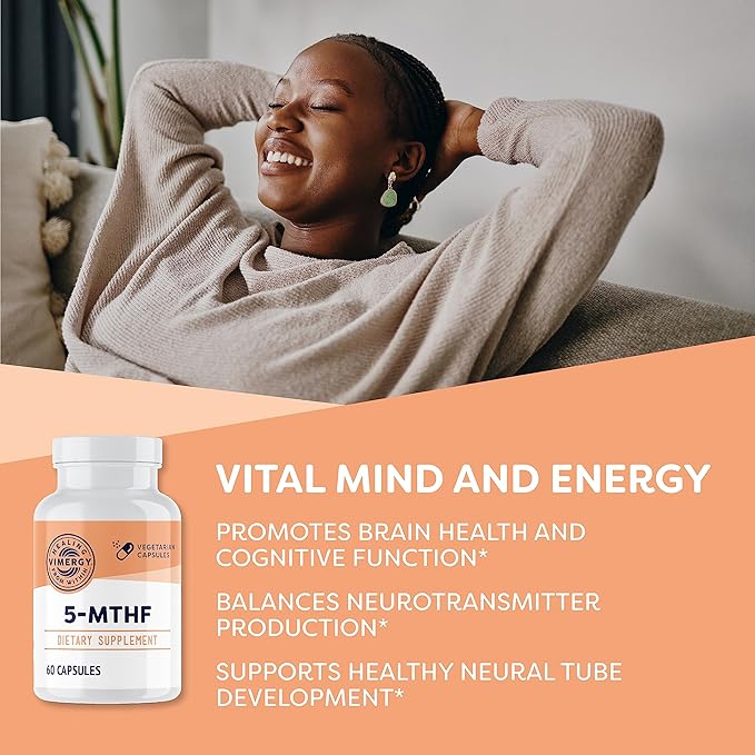 Vimergy 5-MTHF Capsules – 60 Servings (1 Capsule/Serving) 8500mcg L-Methylfolate Glucosamine and 500 mcg Vitamin B12 Supplement –Bioavailable Folate Supplement for Women and Men Vegan 5 mthf (60 ct)