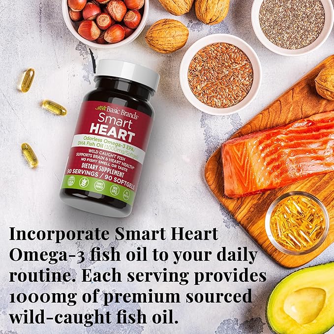 Smart Heart Odorless Omega-3 Fish Oil 1000mg - Triple Strength EPA & DHA, Non-GMO, Heart & Cognitive Support - 90 Burpless Softgels - 2-Pack