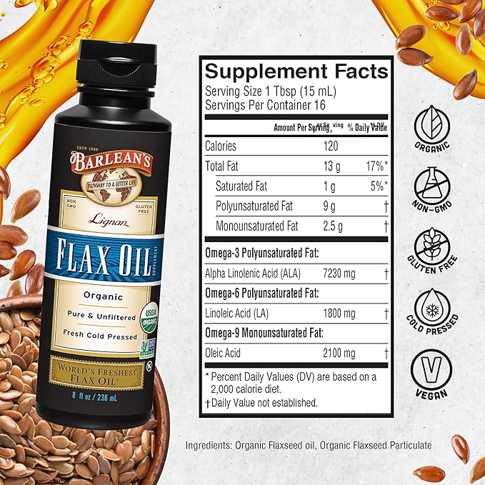 Barlean's Organic Lignan Flaxseed Oil Liquid Supplement from Cold Pressed Flax Seeds, 7,230 mg ALA Omega-3 Fatty Acids for Skin and Hair Care, Vegan & Gluten Free, 8 oz