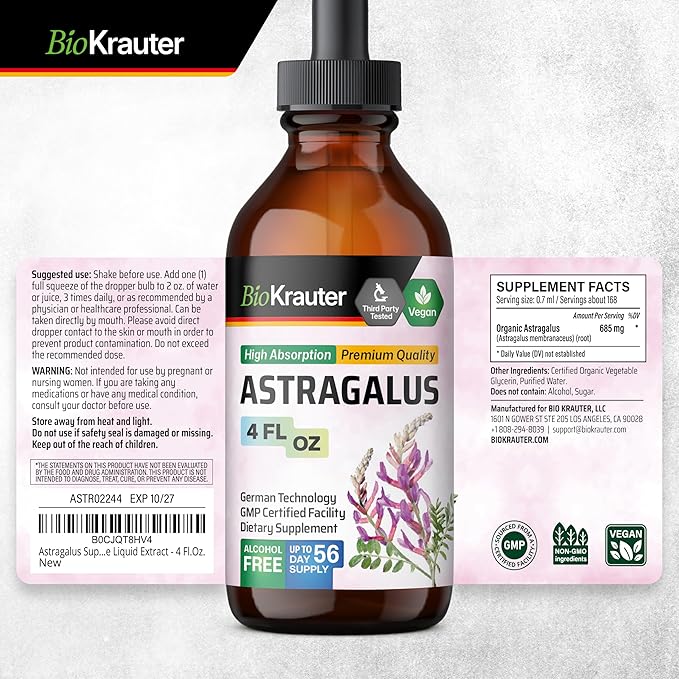BIO KRAUTER Astragalus Tincture - Astragalus Root Extract for Immune Support - Alcohol and Sugar Free - High Absorption - Vegan Drops 4 Fl.Oz.