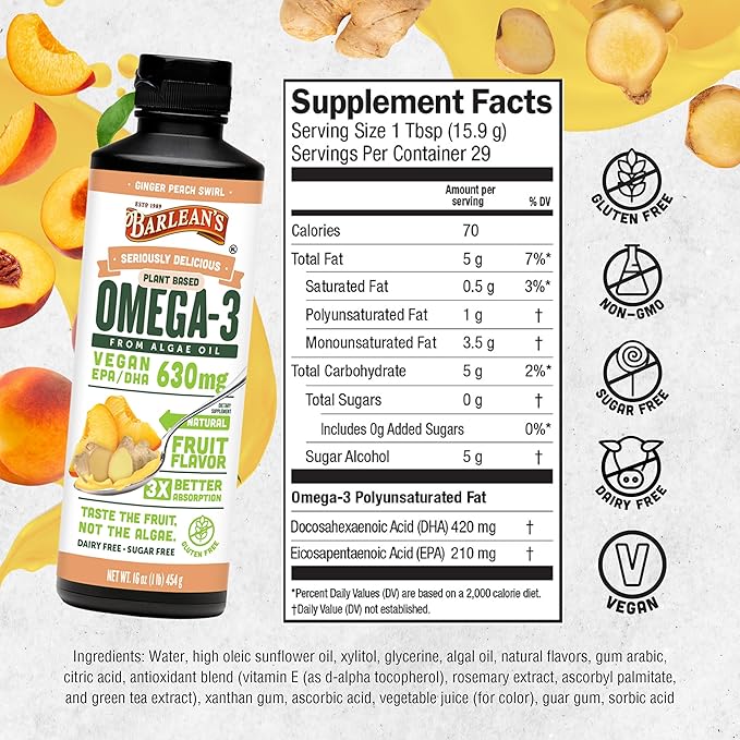Barlean's Ginger Peach Vegan Omega 3 Supplement, Liquid Algae Oil with 630 mg EPA & DHA, Plant Based Omegas from Algal Oil, Non-GMO & Gluten Free, 16 oz