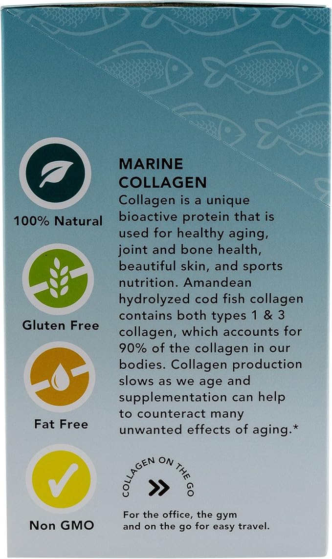 AMANDEAN Marine Collagen Peptides Powder Stick Packs. Wild-Caught Fish. 30 Single Use Individual Packets. Hair, Skin & Nails. Non-GMO, Zero Carbs, Unflavored, High Bioavailability.