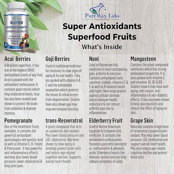 Super Antioxidant Fruit Superfood Complex - Powerful Antioxidant Superfruits, Acai, Goji, Noni, Mangosteen, Pomegranate, Elderberry, Resveratrol, Immune Support, Skin Care - 60 Capsules