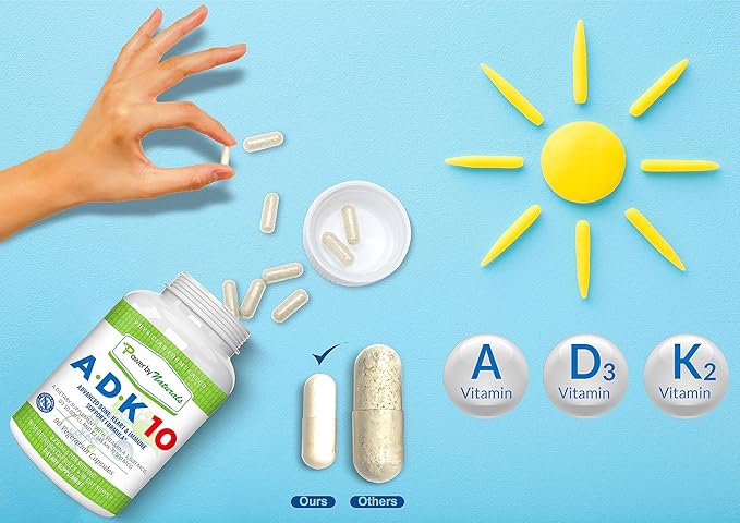 Power By Naturals ADK Vitamin Supplement – ADK 10 High Potency with Vitamins A, D3 10,000 IU & K2 MK7 for Superior Heart, Immune & Bone Health Support – 90 Capsules, 1 Pack (3-Month Supply)
