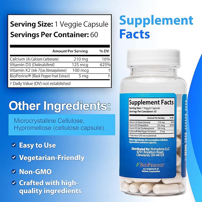 Vitamin D3 K2 Capsules for Men and Women - K2 D3 Vitamin Supplement for Healthy Heart and Bone Support, Immune System & Blood Circulation Assistance, Formulated in USA, 60 Veggie Capsules