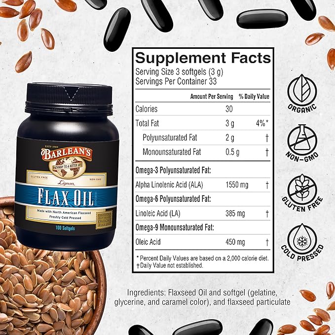 Barlean's Lignan Flaxseed Oil Softgels, Cold-Pressed Flax Seed Supplement with 1,550 mg ALA Omega-3 Fatty Acids, 1000mg, 100 ct