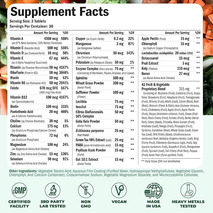 Vegan Multivitamins for Women & Men - Multivitamin & Multimineral Supplements for Energy, Focus and Overall Health. Daily Vegan Vitamins A, C, D, E & B12, Zinc, Calcium, Magnesium & More. 90 Tablets