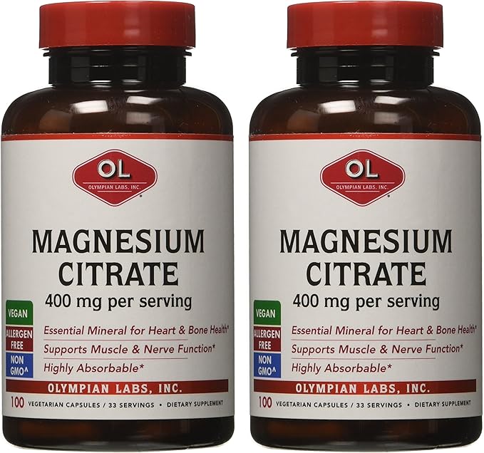 Olympian Labs Magnesium Citrate, 400mg 33 Servings, Support Healthy Nervous System, Muscle & Bone, 100 Capsules