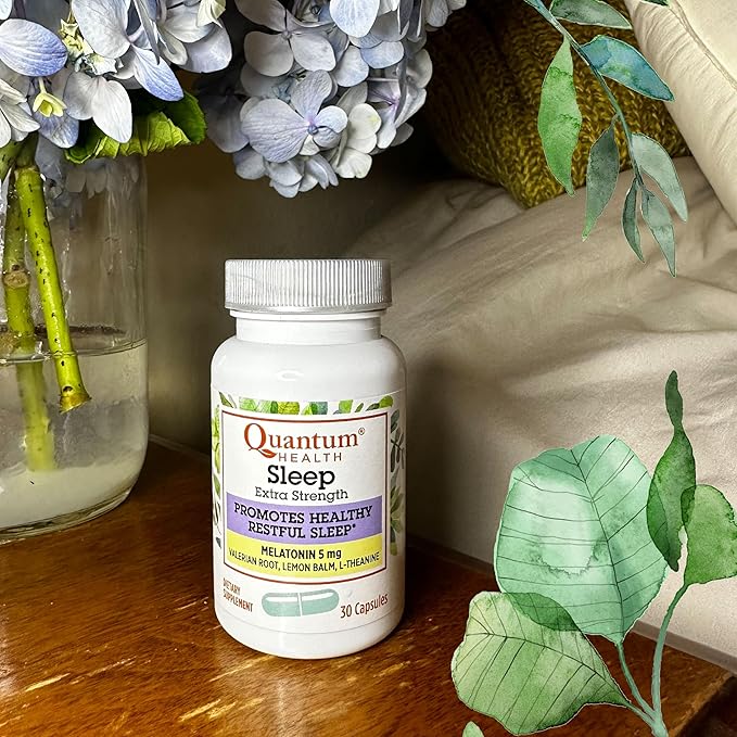 Quantum Health Extra Strength Sleep Melatonin 5mg Healthy Restful Sleep Support with Relaxing Valerian Root & L Theanine Daily Mind & Body Well Being for Women & Men - 30 Capsules