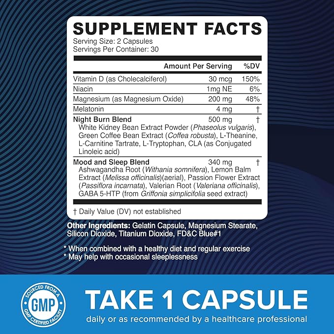 Night Time Fat Burner for Weight Loss Support & Sleep Aid | Appetite Suppressant, Carb Blocker, Overnight Metabolism Booster for Stomach Fat Burner & Night Shred with Melatonin | Non-GMO, Vegan 60ct