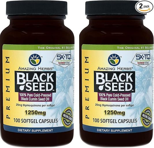 Amazing Herbs Black Seed Oil Pills 1250mg, 100 Softgel Capsules (Pack of 2)