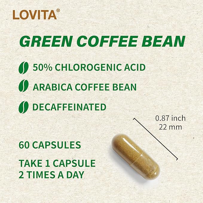 Lovita Green Coffee Bean Extract: Natural Antioxidant, High Potency, 50% Chlorogenic Acid, Vegan-Friendly Dietary Supplement - 60 Capsules