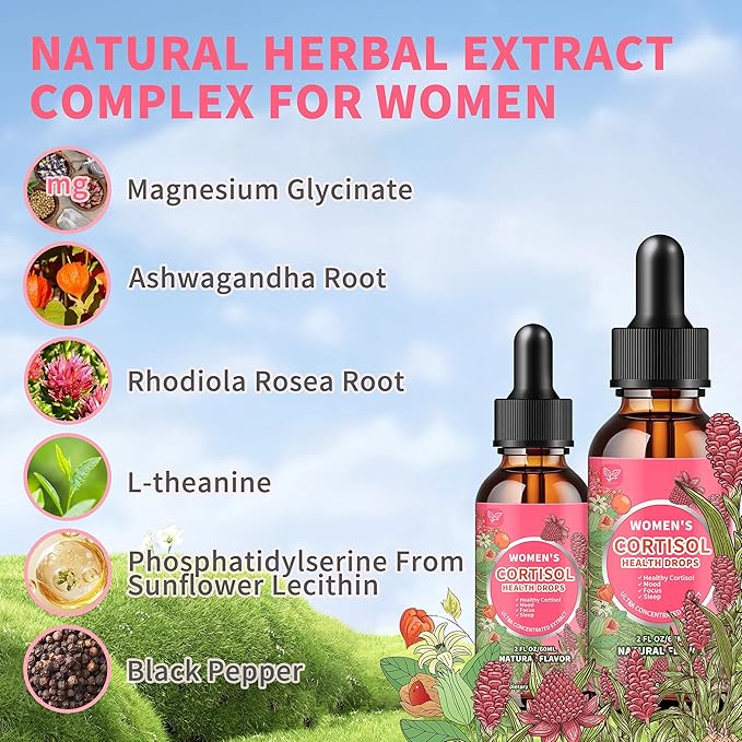Cortisol Supplements for Women Liquid Drops,Cortisol Manager with Ashwagandha,L-theanine,Phosphatidylserine,Rhodiola Rosea for Mood Support,Adrenal Balance,Sleep,Vegan,Natural Flavor,4 Fl Oz