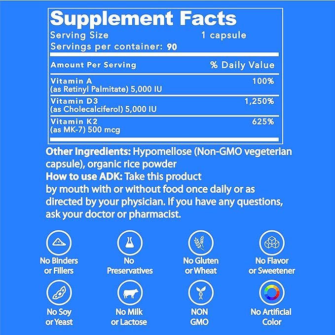 ADK Supplement (90 CT) - Physician Formulated Vitamins A1, D3 & K2 (as MK7) for Bone Health - Immune System Support - Gluten Free, Soy Free, Non-GMO - Pack of 2