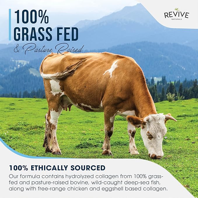 Revive Naturals Multi Collagen Hydrolyzed Protein Powder (16oz) - Types I, II, III, V & X - Grass Fed Bovine, Wild Caught Marine, Free Roaming Chicken & Eggshell Collagen Peptides,