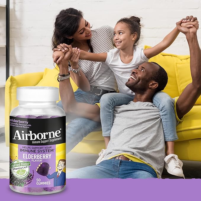 Airborne Elderberry + Zinc & Vitamin C Gummies For Adults, Immune Support Vitamin D & Zinc Gummies With Powerful Antioxidant Vitamins C D & E - 50 Gummies, Elderberry Flavor