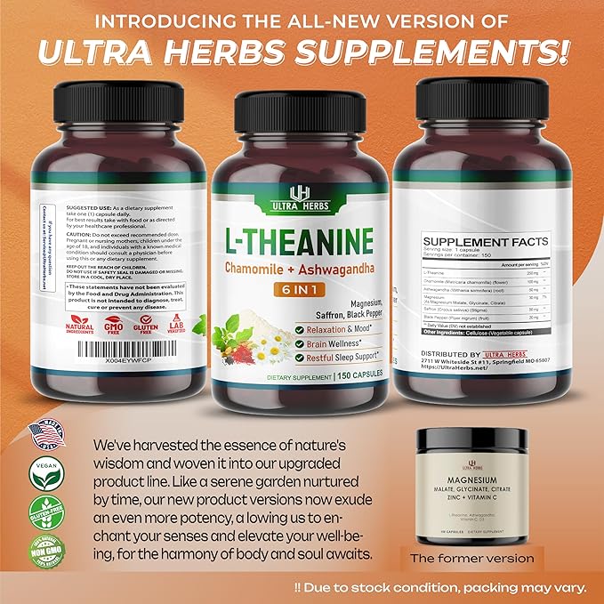 L-Theanine Supplement - 6 IN 1 Complex Enriched with Magnesium, Ashwagandha, Saffron, Chamomile - Support Relaxation, Calmness & Sleep Quality | 150 Capsules