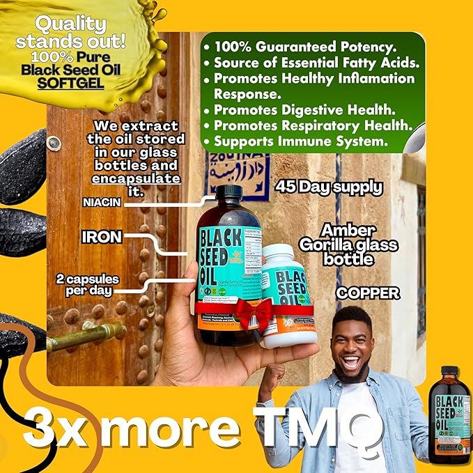 Black Seed Oil Capsules 1000mg - Lab Tested Turkish Nigella Sativa with 3X Thymoquinone (90 Softgels) - USA Made, Cold-Pressed Kalonji Oil - Pure Non-GMO Sweet Sunnah for Hair, Brain & Immune Support