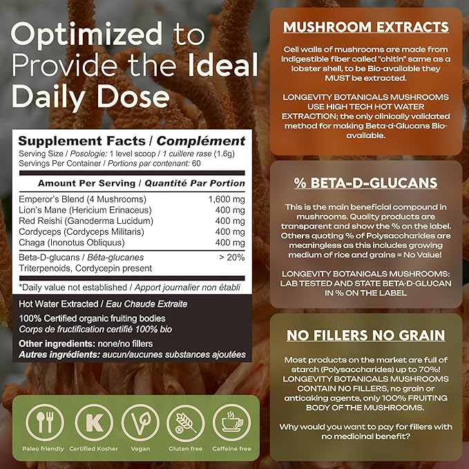 Longevity Botanicals Emperor 4 Organic Mushroom Blend 100g | Reishi, Lion’s Mane, Chaga, Cordyceps | Extract Powder Mix | 10:1 Ratio | 100% Fruiting Bodies | Complex for Immune & Vitality Support