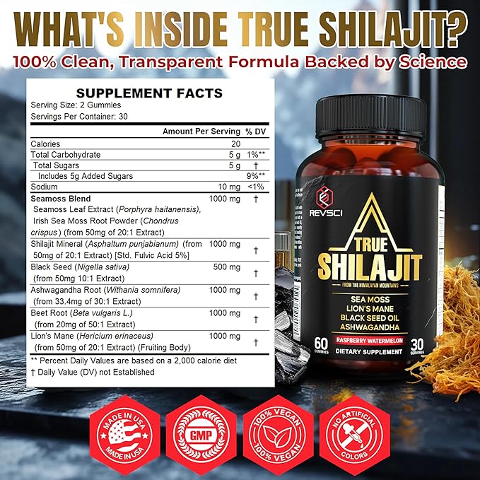Pure Himalayan Shilajit Gummies for Men – Energy & Focus Support with Ashwagandha & Sea Moss, Pure Shilajit for Women, True Gold Himalayan Shilajit Resin Gummies, Vegan & Non-GMO, 60 Count