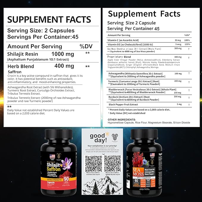 Pure Himalayan Saffron Shilajit and Sea Moss for Men & Women-Shilajit Capsules & Sea Moss Capsules Organic- Ashwagandha & Black Seed Oil Ashwagandha Burdock Root-All in One Supplement