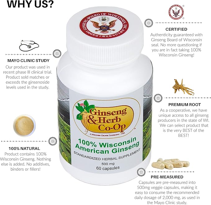 100% Pure Wisconsin American Ginseng Capsules - 500mg. Authentic Panax Quinquefolius. Potent Ground Ginseng Root - No Fillers, Binders or Other Additives.