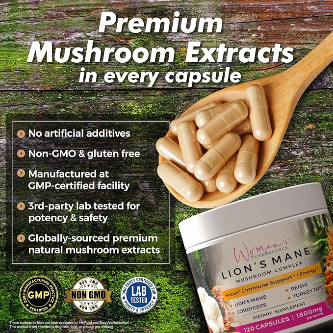 Women's PureBalance Lion's Mane Mushroom Supplement Capsules with Reishi, Cordyceps, Turkey Tail – Brain Nootropic for Memory, Focus, Natural Energy, & Immune Support, Non-GMO (120 Capsules)