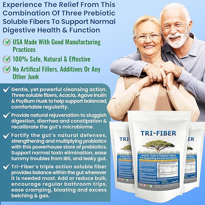 Tri-Fiber Soluble Fiber Powder, Unflavored High Fiber 3-in-1 Soluble Fiber Supplement for Digestive Support. Dietary Fiber 1 lbs (16oz)