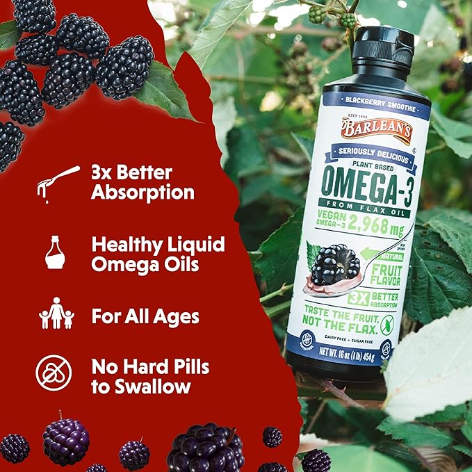 Barlean's BlackBerry Flaxseed Oil Liquid, Vegan Omega 3 6 9 Supplements for Kids and Adults with 2,968 mg of Vegan Omegas, Non-GMO and Gluten Free, 16 oz