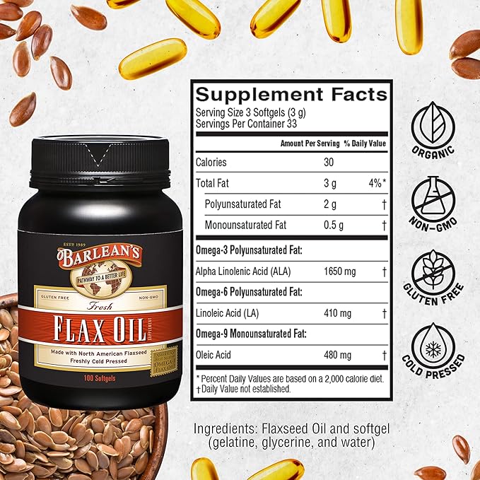 Barlean's Flaxseed Oil Softgels, Cold-Pressed Flax Seed Supplement with 1,650 mg ALA Omega-3 Fatty Acids, 1000mg, 100 ct