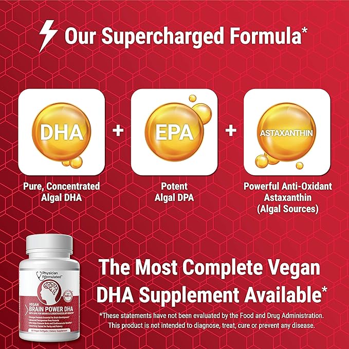 Vegan DHA for Brain and Prenatal 100% Algae Based Omega 3 Essential Fatty Acids with NO Carrageenan, NO Vegetable Oil Plus 2500mcg Astaxanthin