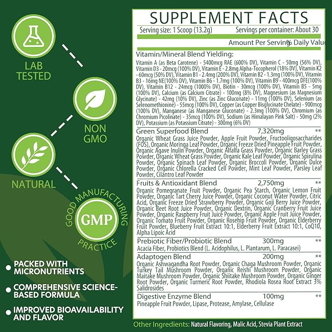50 Super Greens Powder - Greens Superfood Powder with Fruits and Vegetables Supplements - Supergreens Green Powder for Energy, Digestion, Vitality & Immunity - 30 Servings Vegan and Non-GMO