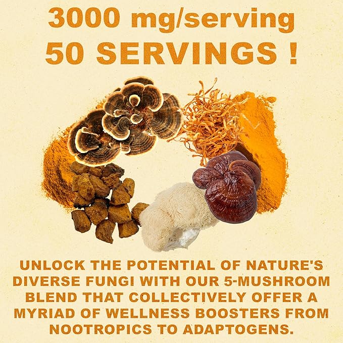 Golden Milk Magic (50 Servings) | Superfood 5 Mushroom Blend for Sleep, Relaxation, Relief | Turmeric, Ashwaghanda, Valerian, Chamomile + 5 Mushroom Blend | Smoothie, Hot Beverage