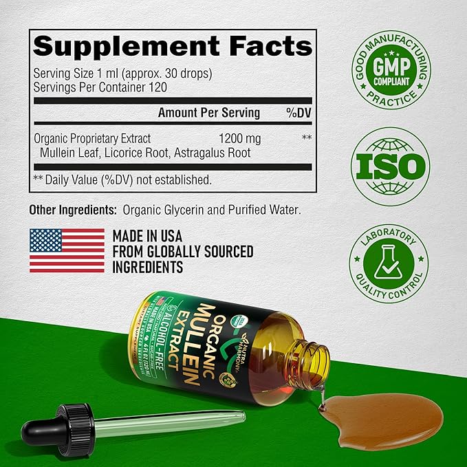 Mullein Drops for Lungs - USDA Organic Liquid - Mullein Leaf Extract Supplement - Made in USA - Lung & Bronchial Cleanse for Smokers - Respiratory Health Support - As Tincture, Tea, Pills - Pack of 2