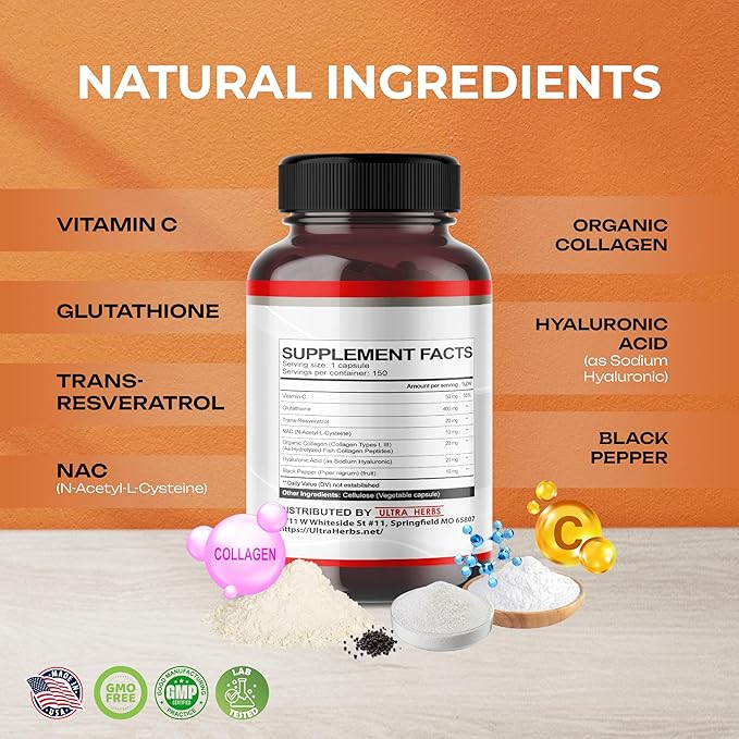 Glutathione Supplement Active Reduced Form, Enriched with Resveratrol, NAC, Collagen, Hyaluronic Acid, Vitamin C - Advanced Antioxidant for Immunity & Detox | 150 Capsules