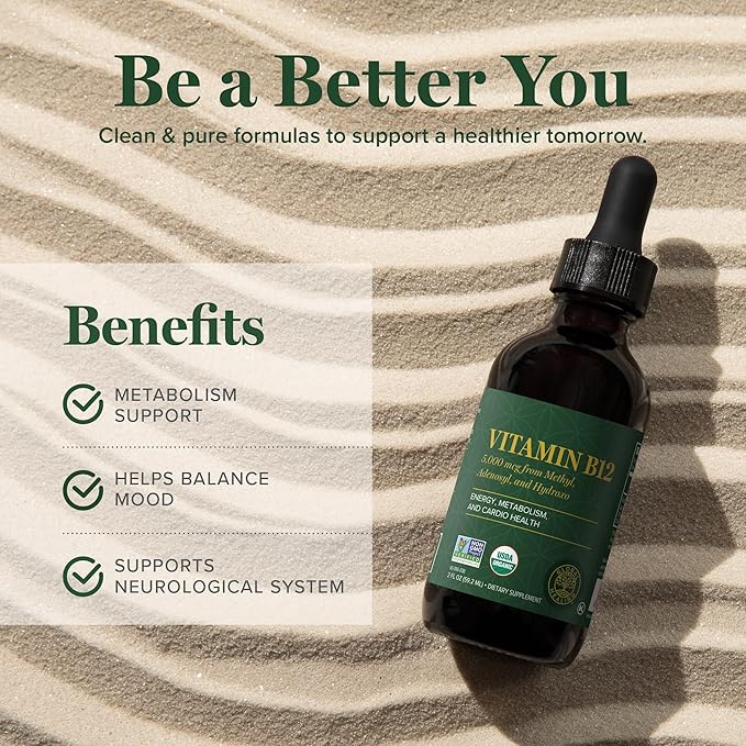 Global Healing - Organic Vitamin B12 5000 MCG Sublingual Liquid - Methylcobalamin, Hydroxo Blend & More - Methylated Drops for Adults - Vegan, Non-GMO, VIT B12, Vitamins Supplement (2 Oz)