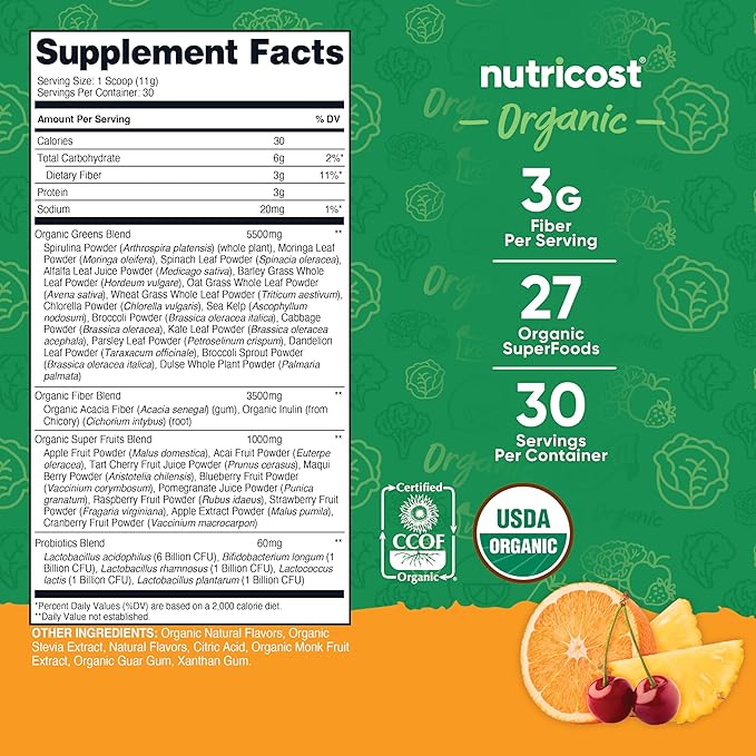 Nutricost Organic Super Greens Powder (30 Servings) Orange Sunrise Flavor - Superfood Supplement Drink Mix