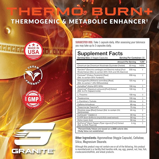 Thermo Burn by Granite, New Advanced Formula for Thermogenic, Metabolic, Mood & Appetite Support with Alpha GPC, Theobromine, & 5-HTP (90 Capsules)