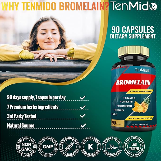 Bromelain Extract Capsules, Proteolytic Enzymes & VitC, Quercetin, Echinacea, Garlic, Pepper - Supports Digestion Health, Nutrient Absorption - 90caps, 3Months Supply