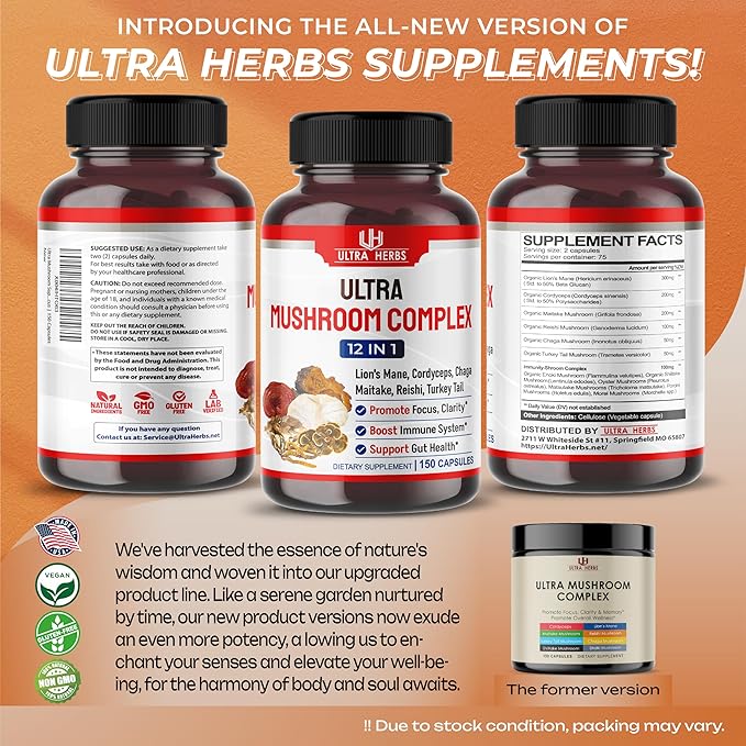 Ultra Mushroom Supplement Complex w Lion's Mane Cordyceps Maitake - 8 in 1 Mushroom Brain Supplements for Enhanced Clarity and Focus | 150 Capsules