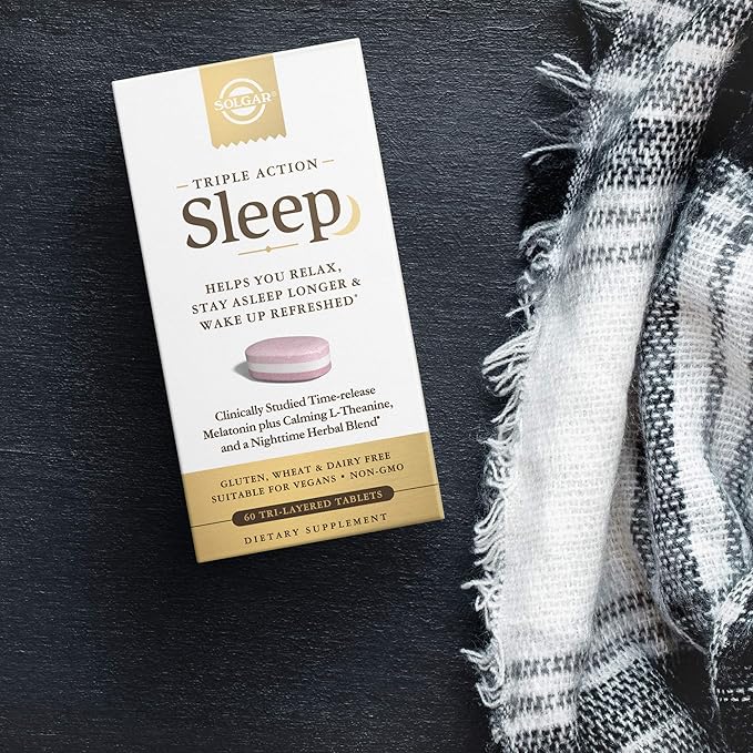Solgar Triple Action Sleep, 60 Tri-Layer Tablets - Time-Release Melatonin & L-Theanine Plus Herbal Blend - Helps You Relax, Fall Asleep Fast & Stay Asleep Longer - Non-GMO, Gluten Free - 60 Servings