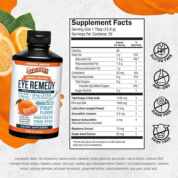 Barlean's Eye Remedy Supplement, Tangerine Flavored Fish Oil Liquid with Lutein, Astaxanthin and Zeaxanthin,1,000mg Omega 3 EPA DHA, Eye Care Supplements, 16 oz
