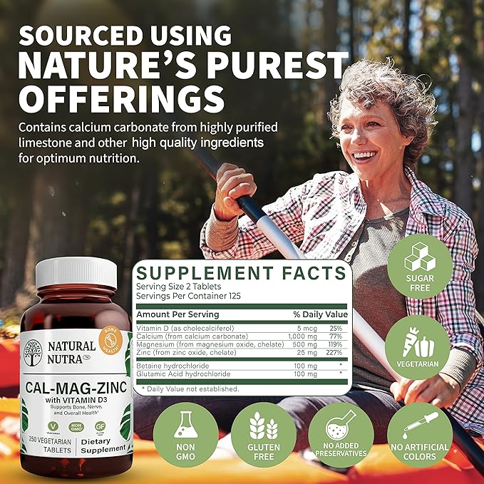Natural Nutra 250 Count, Calcium Magnesium Zinc Supplement with Vitamin D3 for Bone Strength, Nerve Health, Helps Improve Better Vibe, Gluten Free and Sugar-Free, Essential Mineral Complex