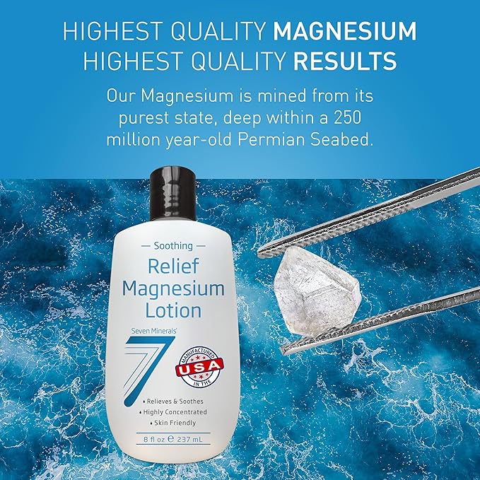 Seven Minerals Magnesium Lotion for Sleep, Soothing Relief & Relaxation - Highly Concentrated Magnesium for Better Sleep, Feet & Joint Care. Non-Greasy Lotion with Skin Friendly Ingredients - 8 fl oz
