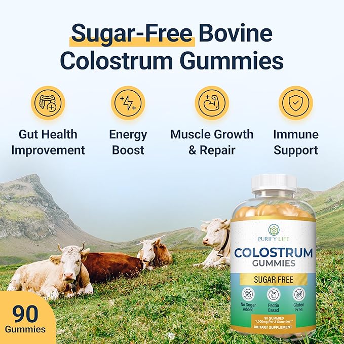 Sugar-Free Colostrum Gummies (1500mg) Bovine Colostrum for Humans, Grass-Fed Supplement for Gut Health, Leaky Gut Repair, Immune Support, Skin Health - 35% IgG Per Serving